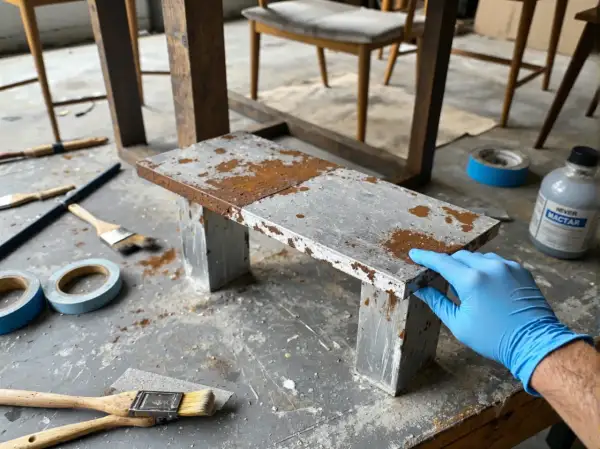 Ręka w niebieskiej rękawiczce dotyka metalowego elementu z odpryskami, przygotowując go do renowacji. Narzędzia do malowania i taśma malarska leżą obok.