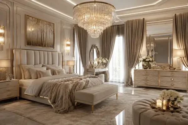 Sypialnia glamour inspiracje: luksusowe łóżko, kryształowy żyrandol, złote detale i eleganckie zasłony tworzą wyrafinowaną przestrzeń.