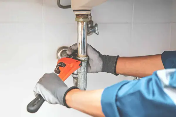 Hydraulik dokręca rurę pod zlewem, by wyeliminować hałas przy puszczaniu wody.