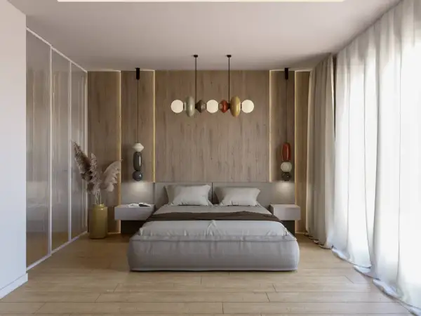 Przytulna sypialnia inspiracje: nowoczesne łóżko, drewniana ściana z podświetleniem, designerskie lampy i szklana szafa tworzą harmonijną przestrzeń.