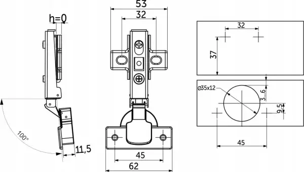 Techniczny rysunek zawiasu tłoczkowego z mechanizmem cichego domykania. Wymiary: 32x45mm, otwór 35mm.