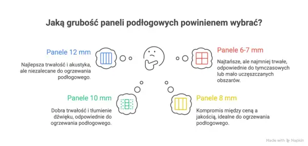 Porównanie grubości paneli winylowych: 12 mm (trwałe, akustyczne), 10 mm (dobra trwałość, tłumienie), 8 mm (kompromis, do ogrzewania), 6-7 mm (najtańsze, tymczasowe).